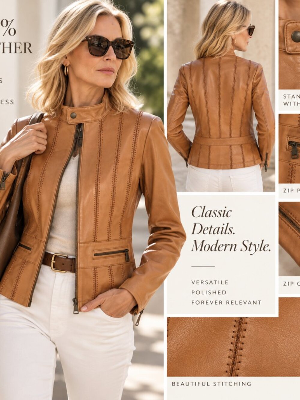 Women's Siena Leather Jacket with top stitching medium size